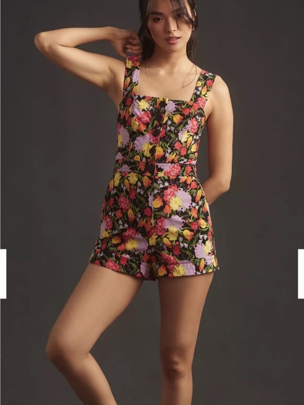 Maeve Black Floral Romper with Red, Yellow & Pink Blooms